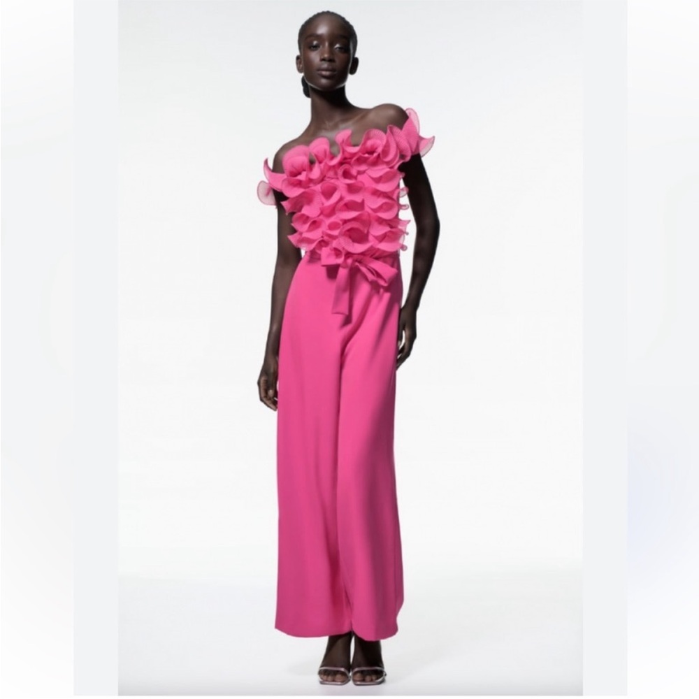 Zara Hot Pink Ruffled Off-Shoulder Jumpsuit
